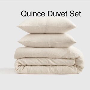 Quince European Linen Duvet Cover Set Color: Natural/White Mini Pinstripe